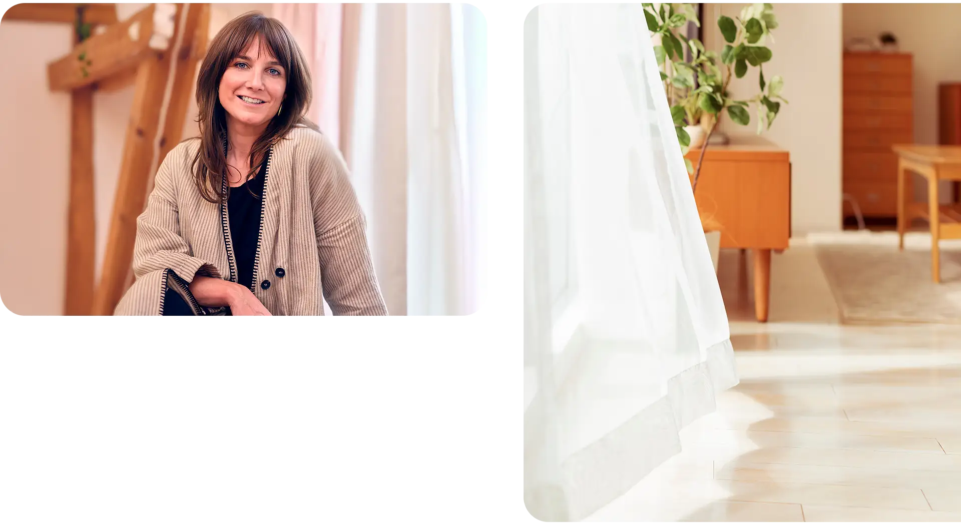 Zweiteilige Bildkomposition: Links sitzt eine Frau lächelnd in einem hellen Raum mit warmen Holzelementen; rechts ein sonniger Innenraum mit weißen Vorhängen, Pflanzen und hellen Holzmöbel