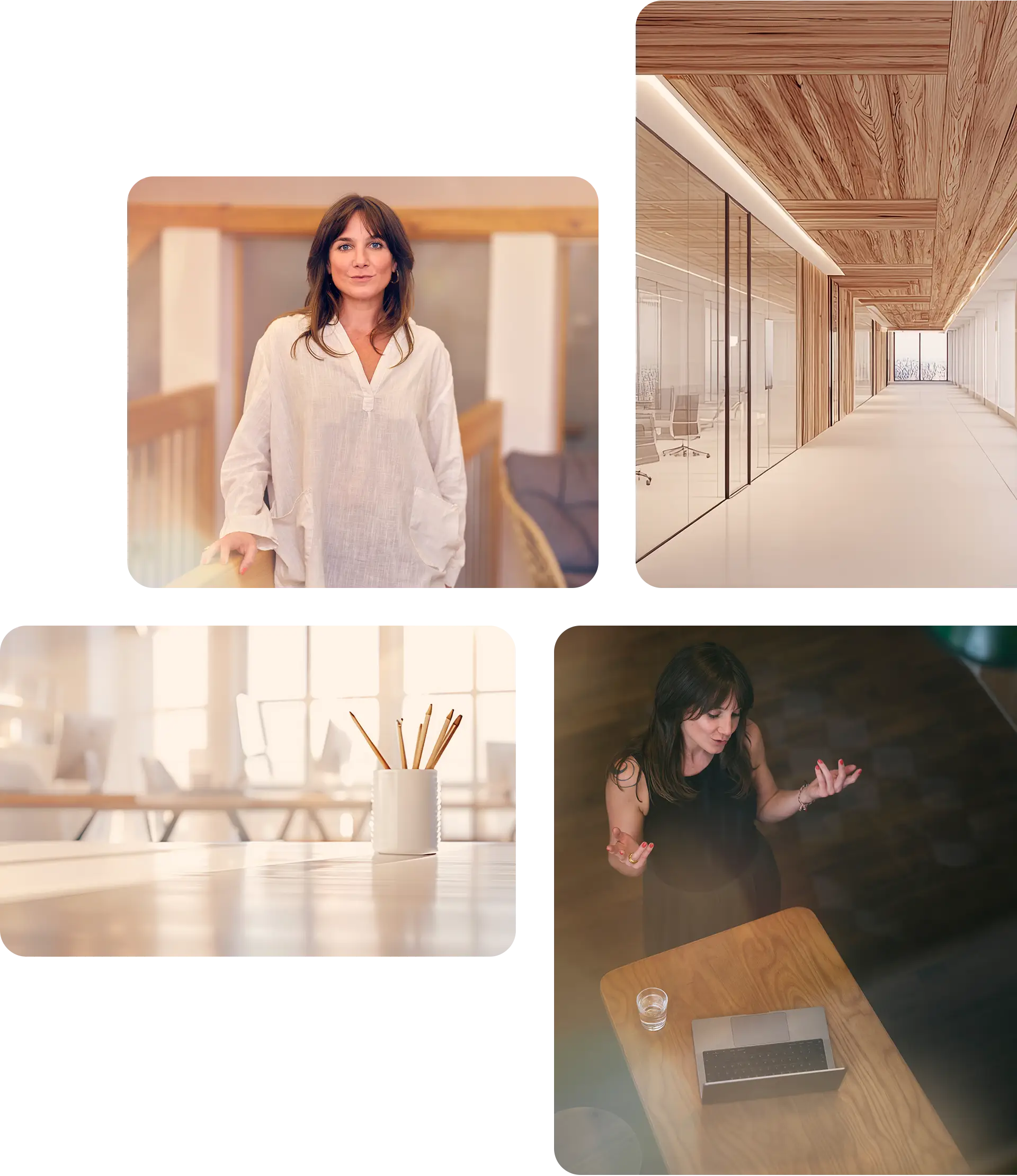 Vier-Bilder-Komposition: Eine Frau steht in einem modernen Innenraum an einem Holzgeländer und schaut in die Kamera; daneben ein heller Büroflur mit Holzdecke und Glaswänden; darunter ein minimalistischer Arbeitsplatz mit einem Becher voller Bleistifte auf einem großen Holztisch; rechts unten dieselbe Frau gestikulierend vor einem Laptop während eines Online-Meetings